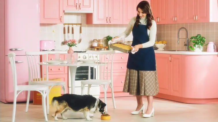 Pes jí z žluté misky v kuchyni.